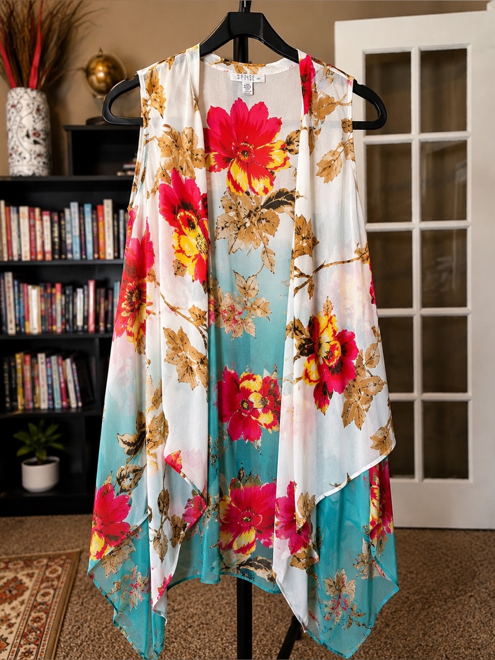 Floral Waterfall Kimono Vest in Teal & White with Pink Flowers